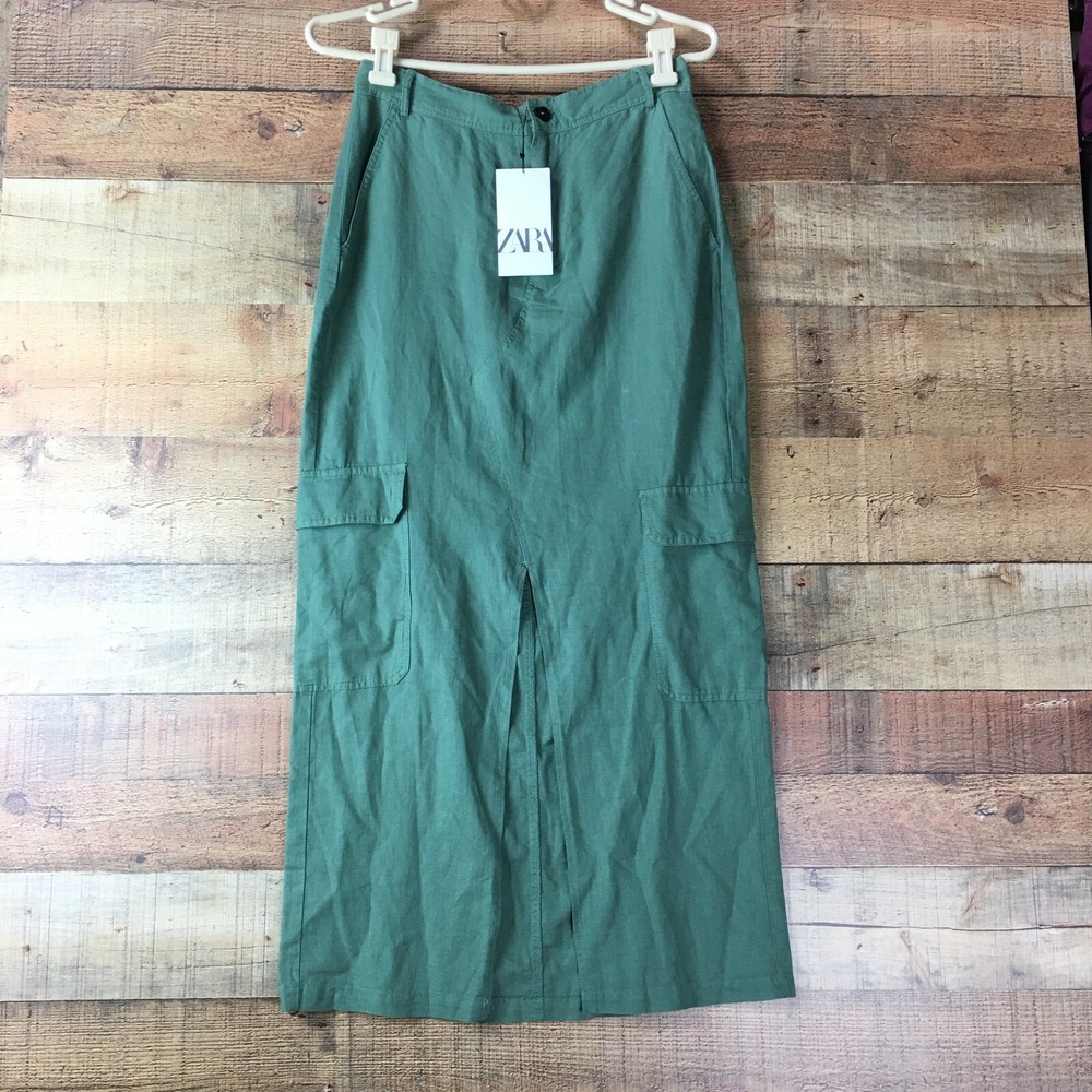 New‎ ZARA  Linen Cotton Green Cargo Maxi Skirt Boho Beach Retro Preppy Women's S
